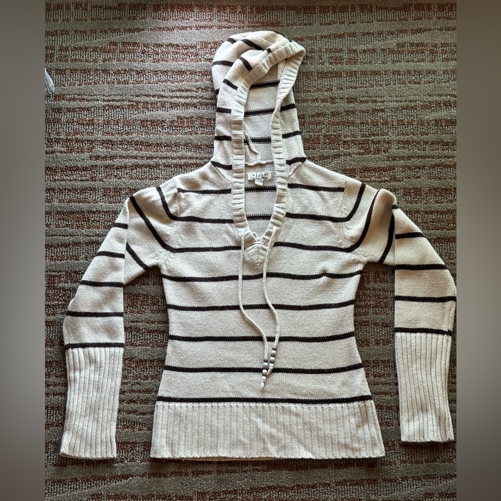 Vintage 90s Y2K Womens L.e.i. Large Hooded Hoodie Sweater Beige Striped